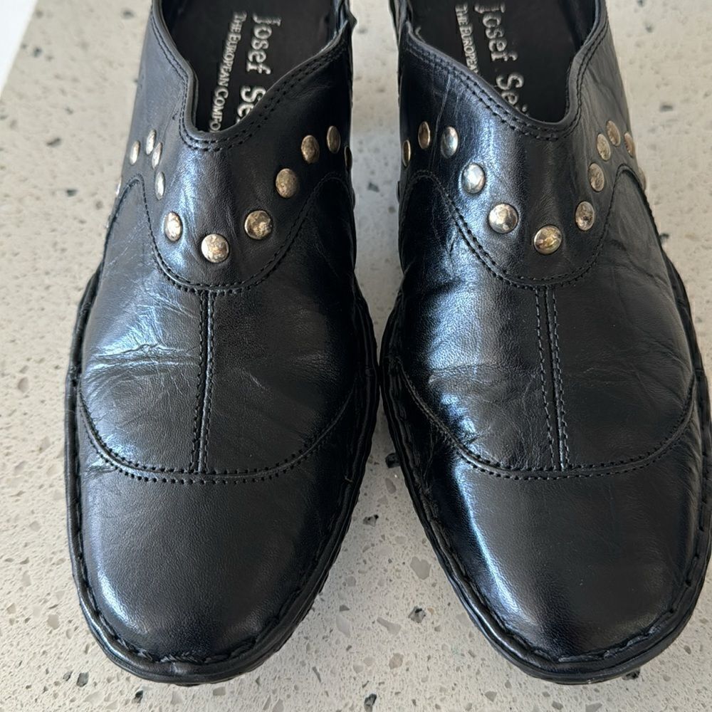 Josef Seibel Women’s Black Leather Western Studs Heels Slip On Mule Clog Size 36 - Picture 12 of 13